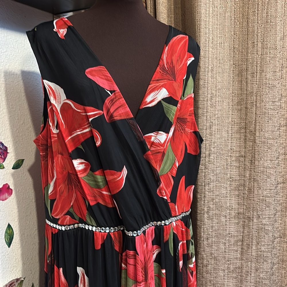 Alexa B elegant sleeveless black and red floral evening maxi dress. Size 2X.